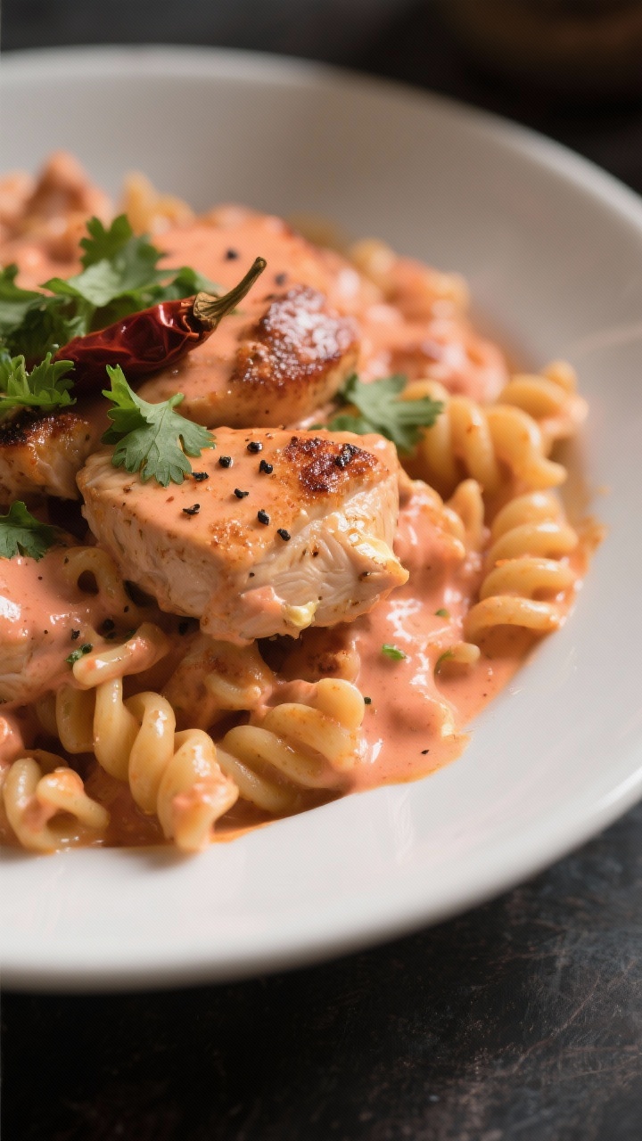 Easy Taco Macaroni & Cheese Dinner That’ll Become Your Weeknight 45-degree close-up of creamy chipotle chicken taco mac: cavatappi coated in a velvety chipotle cream sauce, juicy seared chicken thigh pieces seasoned with kosher salt and black pepper nestled throughout, butter sheen visible on the pasta, subtle smoky orange-pink hue from chipotle; served in a shallow white bowl with a light sprinkle of chopped cilantro and a few chipotle pepper flecks on top, moody soft light emphasizing the saucy texture, background blur, no people.