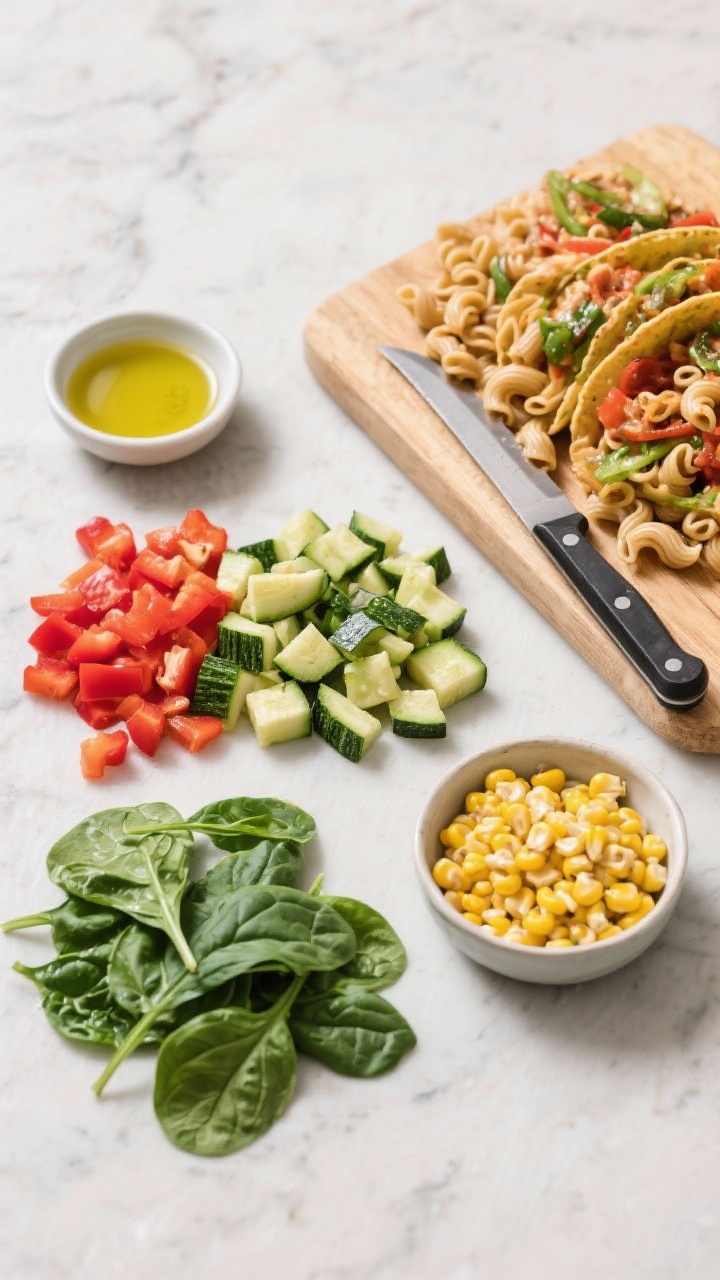 Easy Taco Macaroni & Cheese Dinner That’ll Become Your Weeknight Overhead ingredient-prep flat lay for veggie fiesta taco mac with hidden greens: whole wheat elbow macaroni, diced red bell pepper, diced zucchini, chopped baby spinach, and a small bowl of corn kernels arranged neatly on a light stone surface; a drizzle of olive oil in a tiny dish, a chef’s knife beside a cutting board, bright, fresh colors (greens, reds, yellow) and crisp textures highlighted, clean minimal styling, no people.