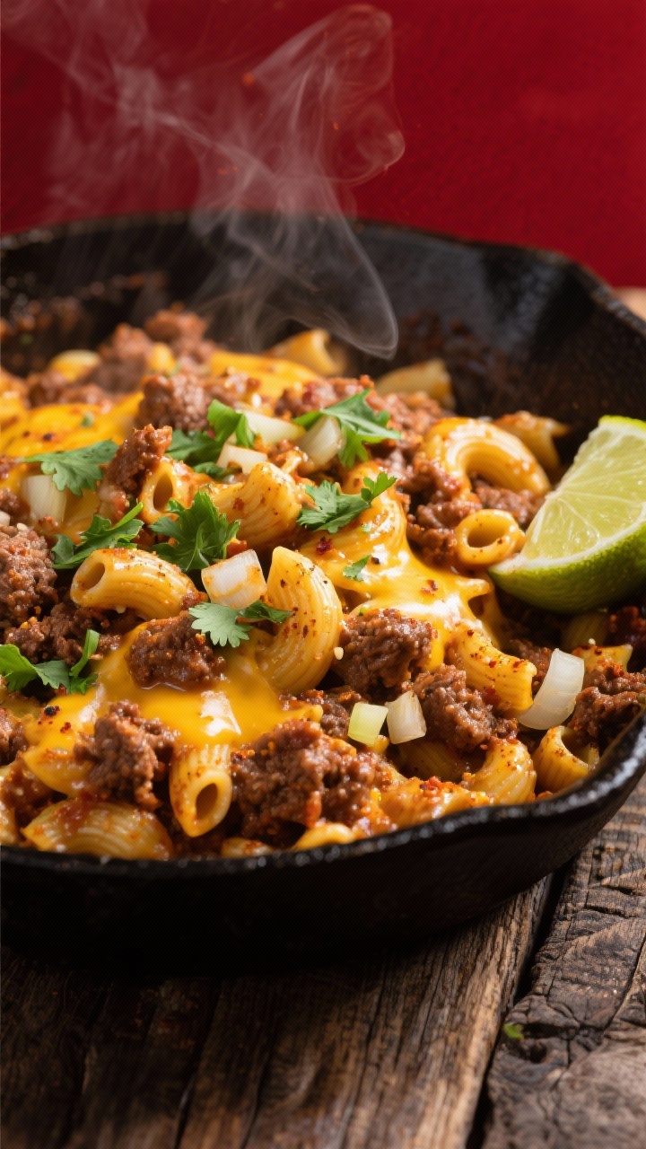 Easy Taco Macaroni & Cheese Dinner That’ll Become Your Weeknight Overhead shot of a sizzling skillet street-style taco mac: al dente elbow macaroni folded into seasoned ground beef, finely diced yellow onion, and minced garlic cooked in olive oil, visible specks of taco seasoning clinging to the glossy cheese-sauced macaroni; garnished with a scatter of chopped cilantro and a wedge of lime on the side for a street-taco vibe, set on a dark cast-iron skillet over a rustic wooden surface, steam rising, high contrast, vivid reds and golds, no people.