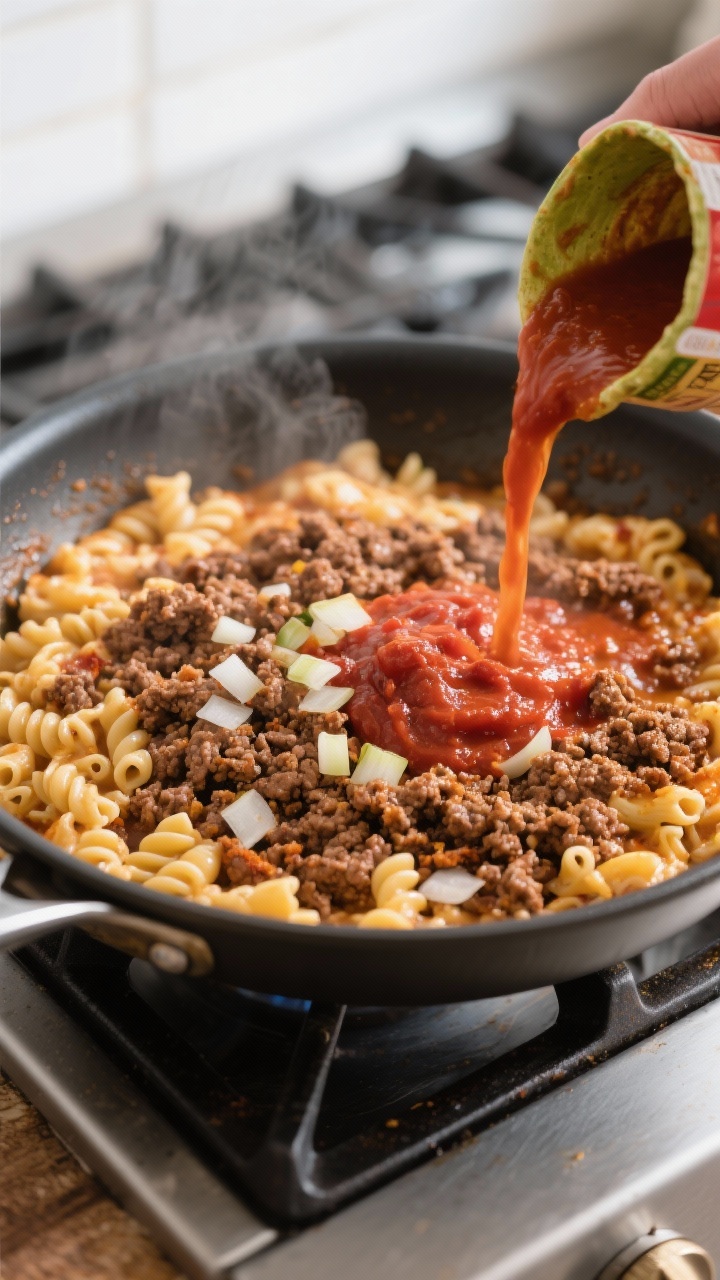 Easy Taco Macaroni & Cheese Dinner That’ll Become Your Weeknight Process shot at 45 degrees of one-pot weeknight taco mac with pantry shortcuts: ground beef (or plant-based crumble) browning with minced onion and garlic in a deep sauté pan, tomato paste and taco seasoning blooming to a rich red-brown, low-sodium broth being poured in around the dry pasta for a true one-pot method; labels not visible, clean stovetop, controlled steam, practical weeknight mood, no people.