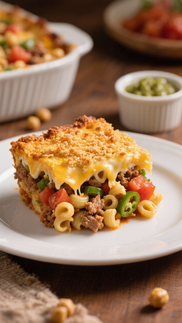 Easy Taco Macaroni & Cheese Dinner That’ll Become Your Weeknight Straight-on plated slice of crunchy supreme taco mac bake: golden top layer with a crunchy finish revealing tender elbow macaroni, seasoned ground turkey, taco-spiced sauce, juicy diced tomatoes with green chiles, and scattered chickpeas baked in; a square slice lifted slightly to showcase the layered interior, melted cheese pull, small ramekin of salsa verde in the background, warm family-dinner atmosphere, sharp detail, no people.