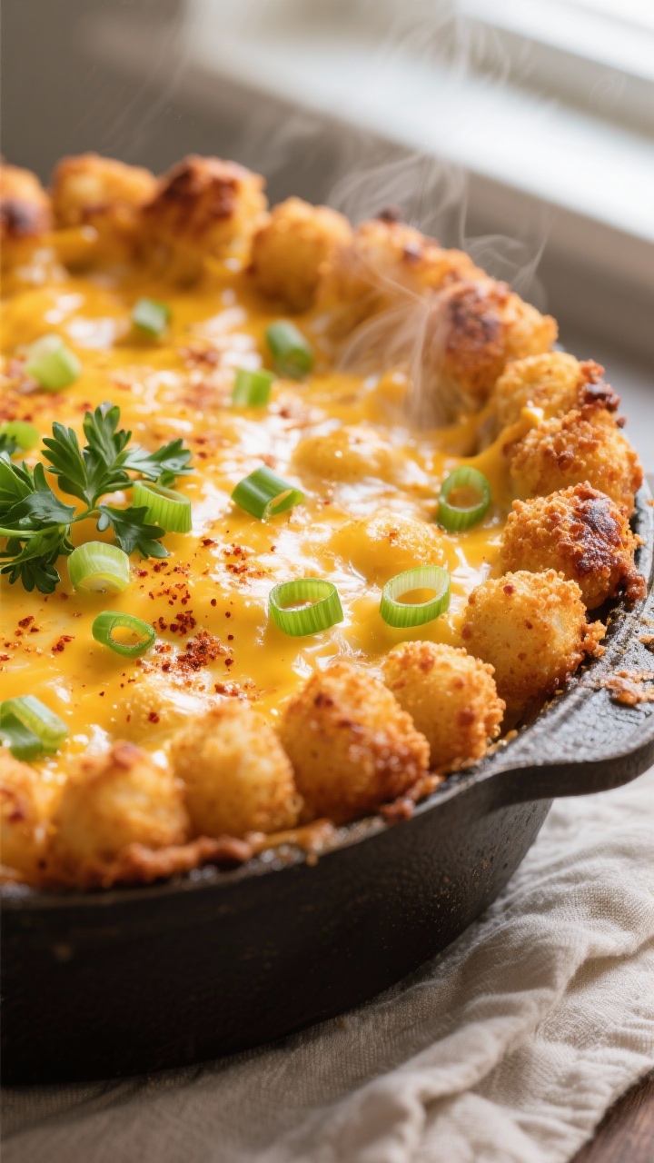 Close-up detail: A golden, crispy tater tot crust just out of the oven with melted sharp cheddar bub