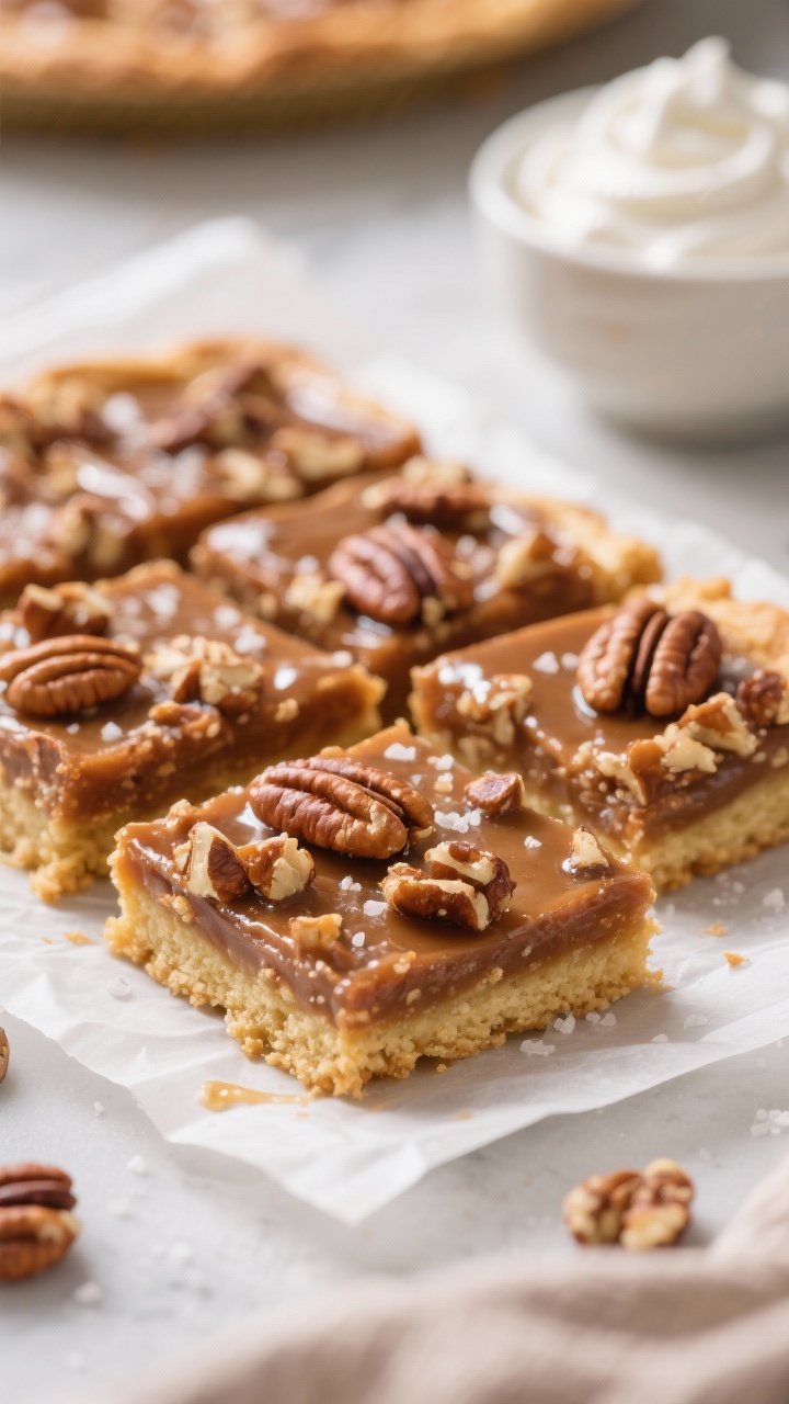 Close-up detail: Freshly baked Maple Pecan Pie Bars sliced into neat squares on parchment, glossy ma