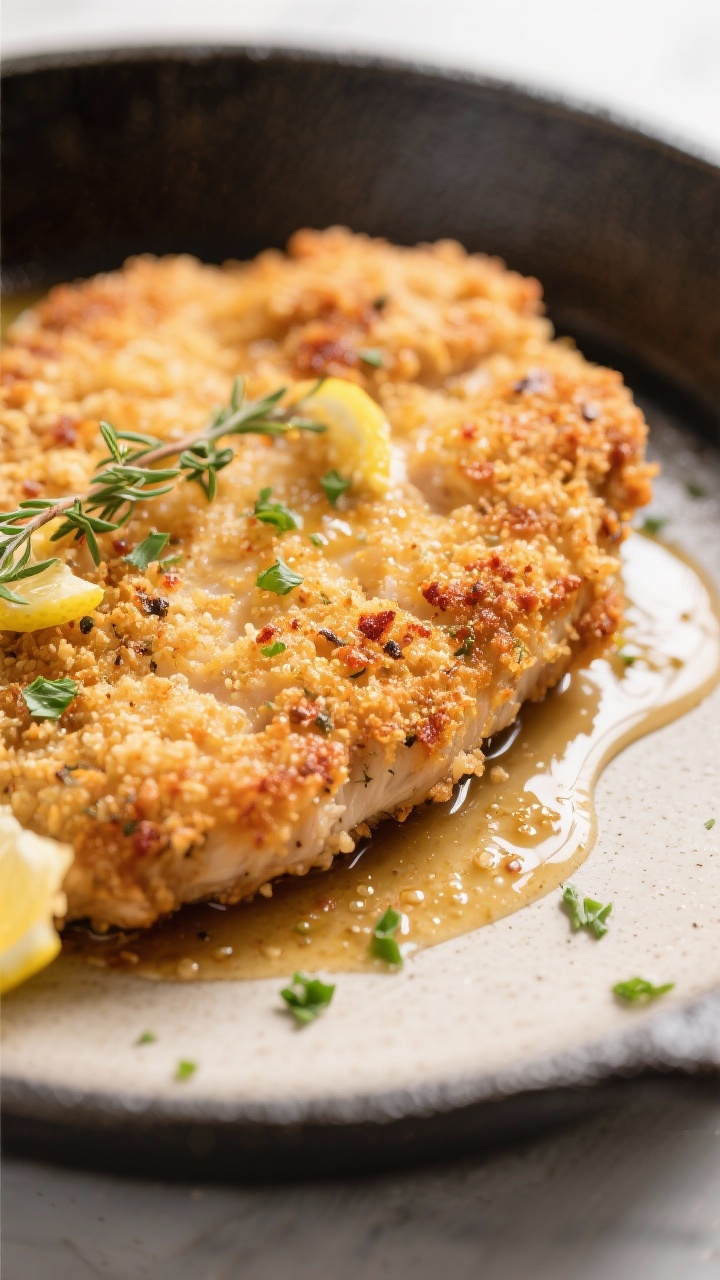 Easy Thanksgiving Recipes That Wow in Under an Hour (Yes, Your Family Will Ask for Seconds) Close-up detail: Golden-crisp turkey cutlet just out of the skillet, panko crust with visible thyme