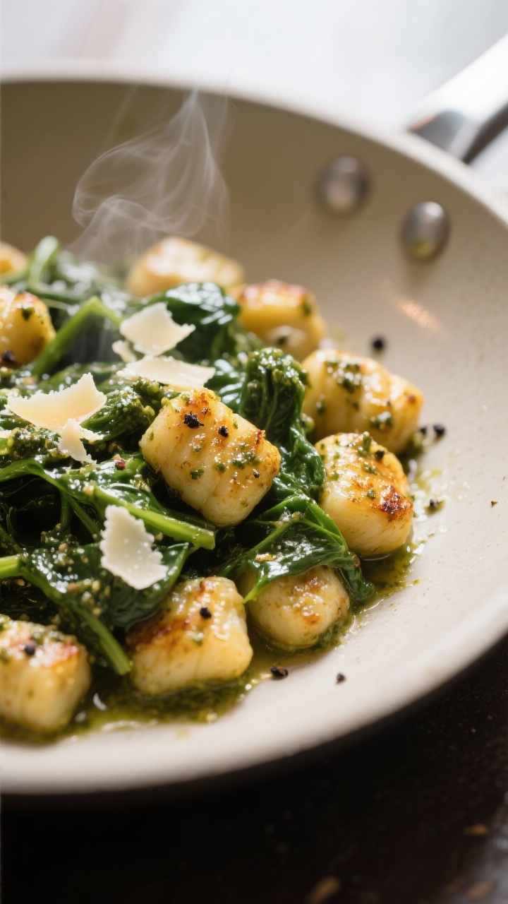 Close-up detail: Golden-seared pesto gnocchi with wilted spinach, glossy pesto sheen clinging to cri