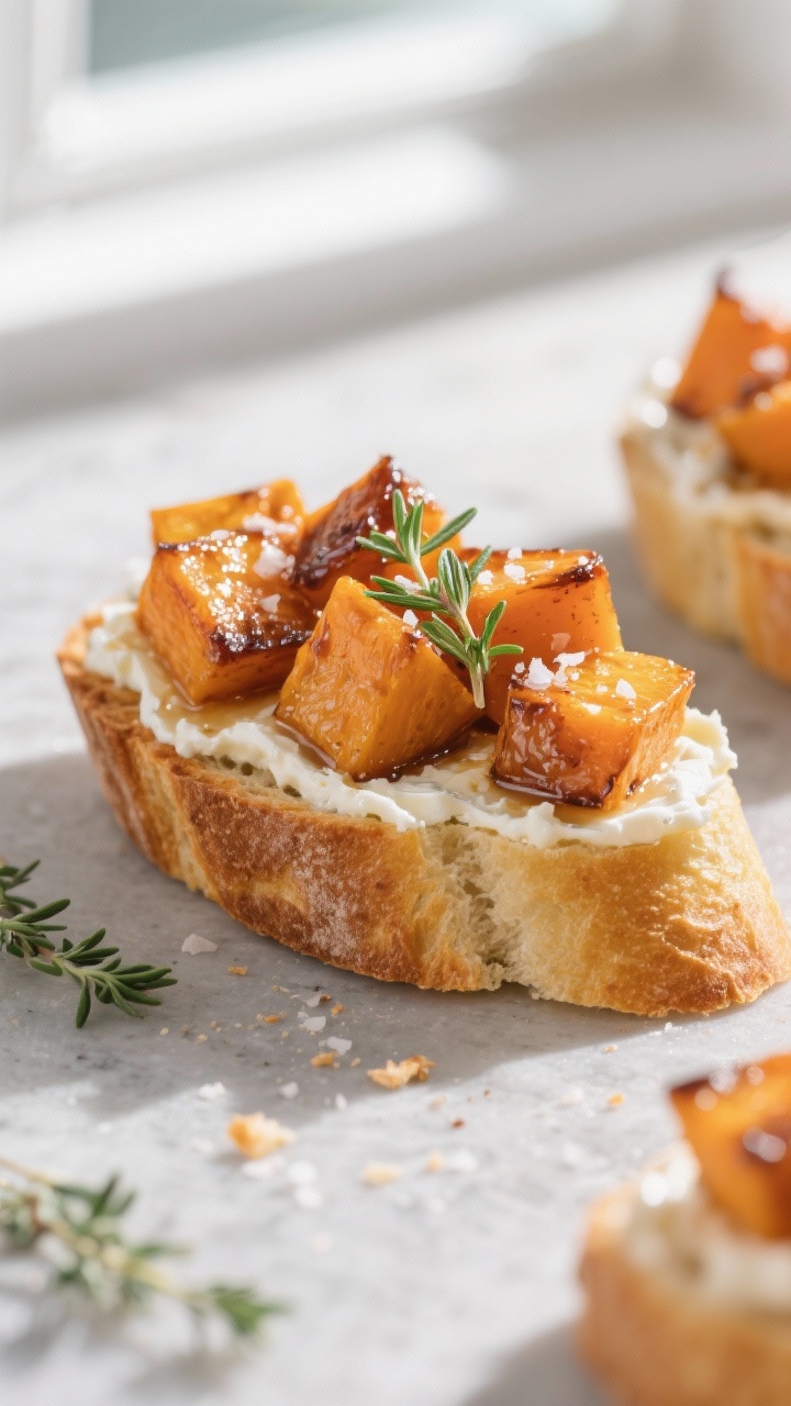 Close-up detail: Maple-roasted butternut squash crostini just assembled—golden toasted baguette sm