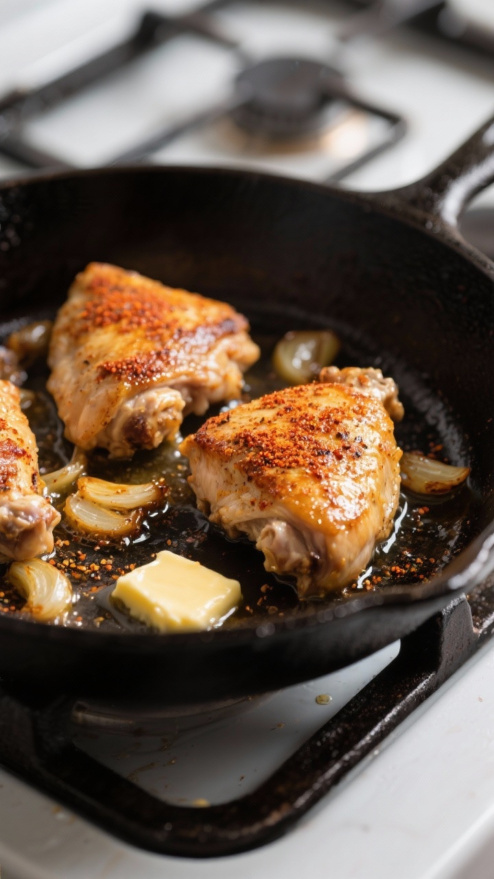 Easy Dinner Recipes That Taste Like You Tried (But Took 20 Minutes, Tops) Close-up detail: Searing chicken thighs in a large cast-iron skillet, golden-brown crust with crisp