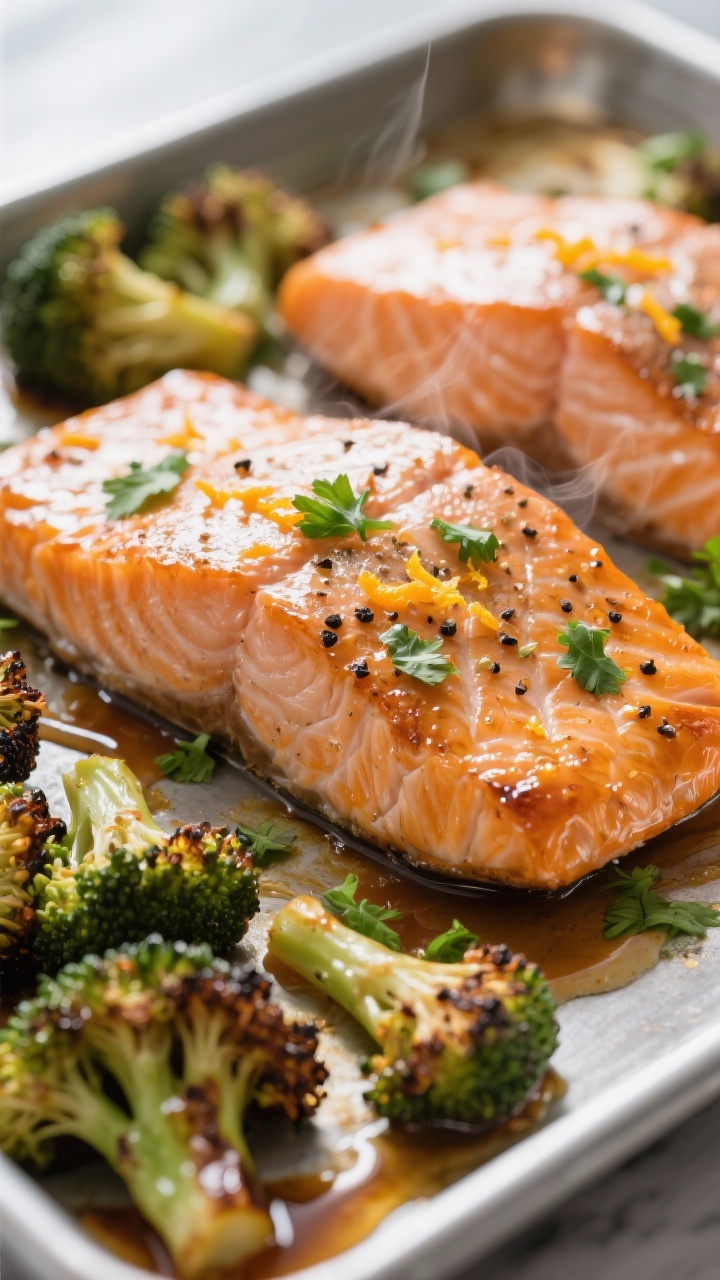 Close-up detail: Sheet-pan citrus salmon just out of the oven, glistening skin-on fillets with caram