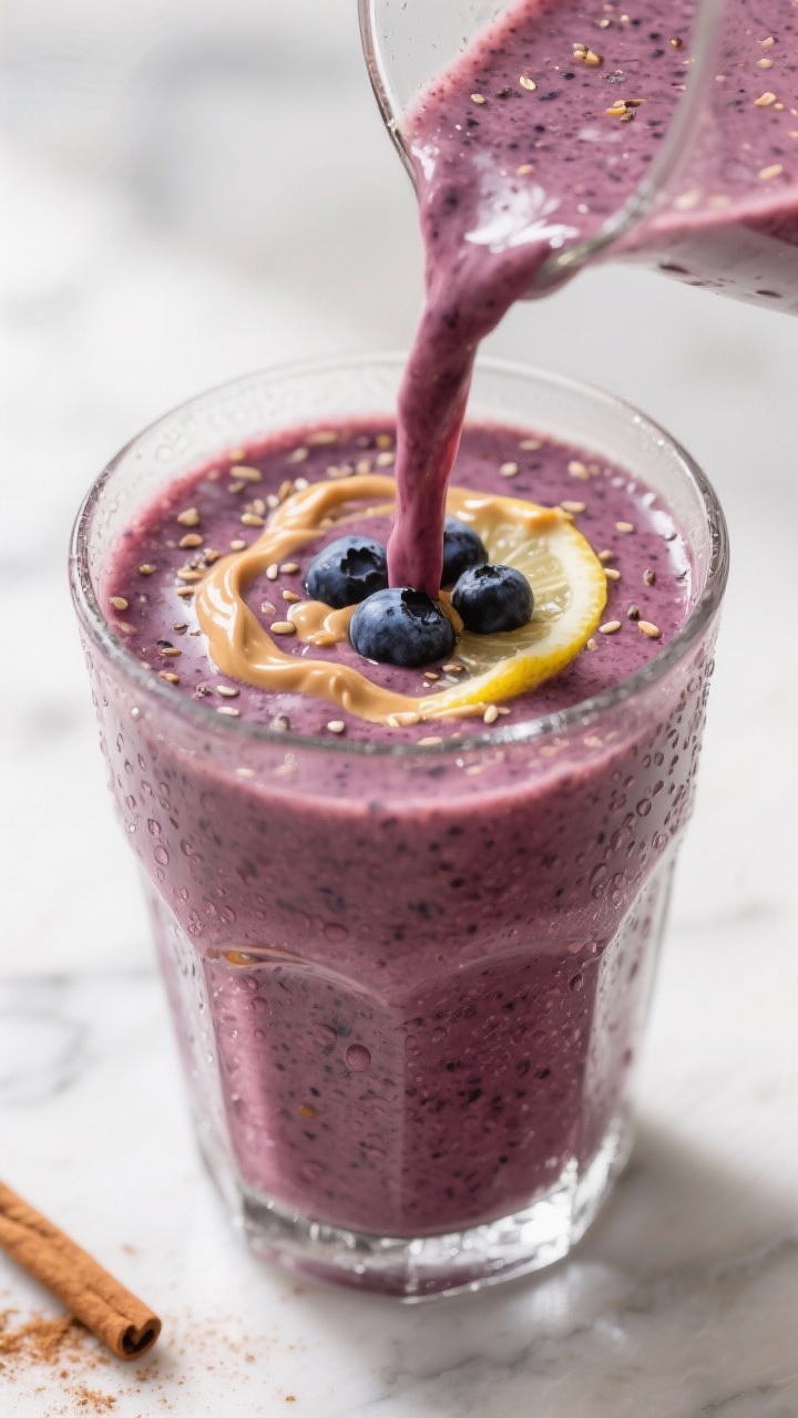 Close-up detail: Thick, silky high-fiber blueberry–spinach smoothie mid-pour into a clear chilled 