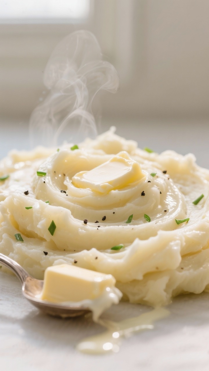 Close-up detail: Ultra-creamy garlic mashed potatoes just finished, butter melting into soft swirls 