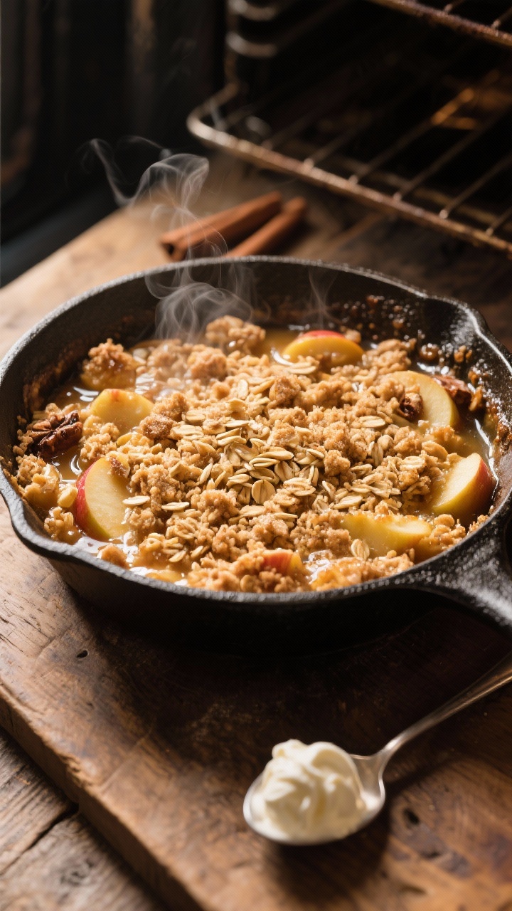 Cooking process: Apple Crumble Skillet just pulled from the oven in a 10-inch cast-iron pan, bubblin
