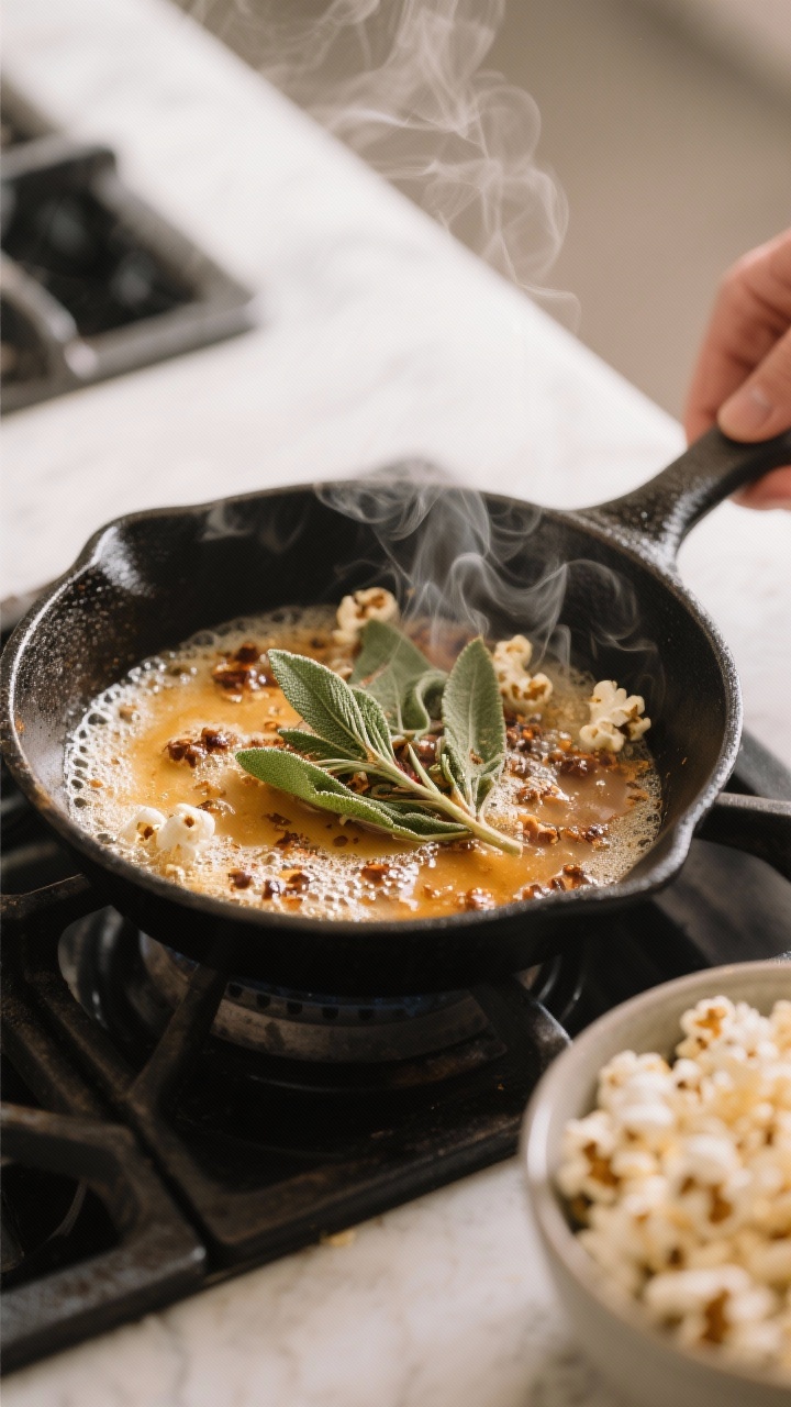 Cooking process: Brown butter and crispy sage for popcorn in action—a small skillet with foaming n