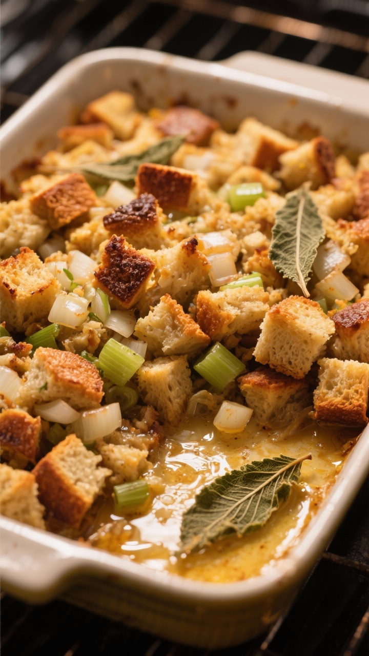 Cooking process: Brown butter sage stuffing in a buttered baking dish mid-bake at 375°F—golden, c