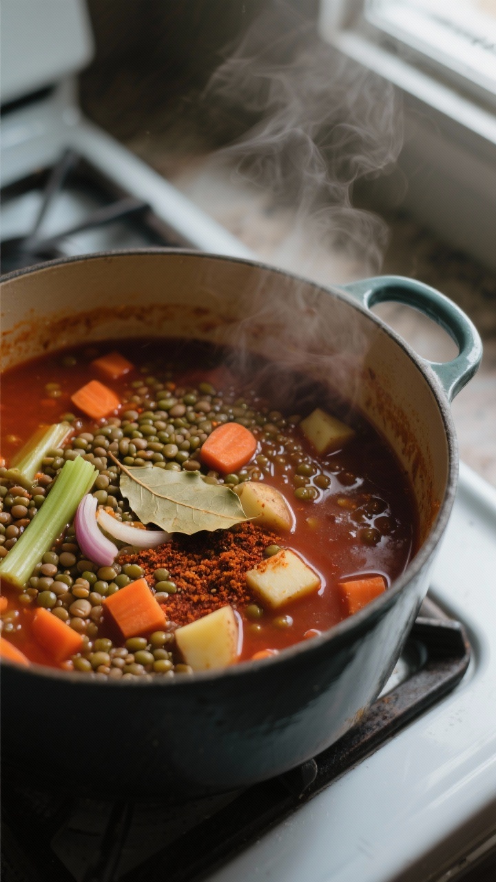 Cooking process, close-up: A Dutch oven of simmering lentil soup at the “bloom the flavor” stage