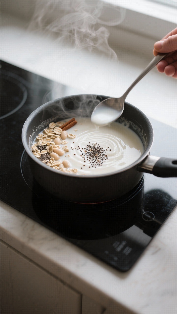 10 Minute High Fiber Breakfast Bowl That Keeps You Full All Morning: The Zero-Excuses Power Meal You’ll Actually Crave Cooking process close-up: A small saucepan on a matte black induction surface with the breakfast bow