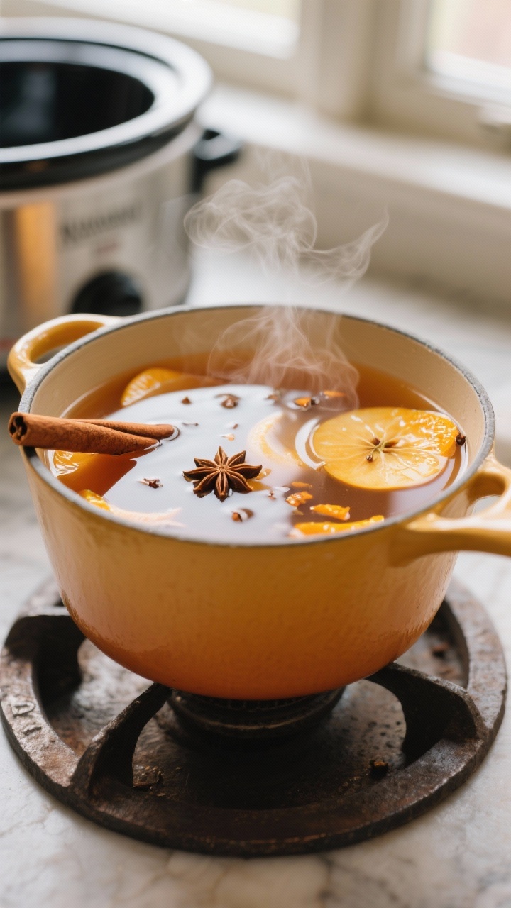 Cooking process close-up: Steam-kissed saucepan of strained hot mulled apple cider base at a gentle 