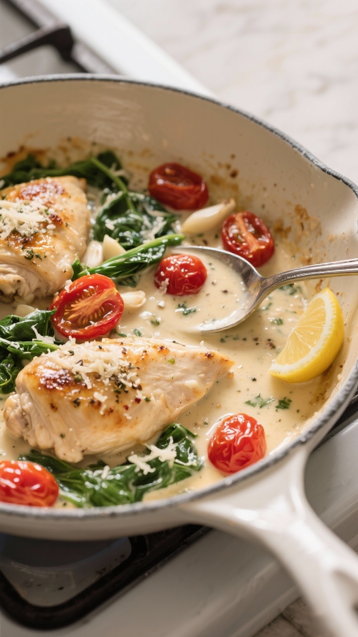 “Tasty Chicken Recipes for Family Dinners” That Make Everyone Ask for Seconds (and Thirds) Cooking process: Creamy Tuscan Chicken in the pan, chicken nestled in a silky cream-Parmesan sauce w