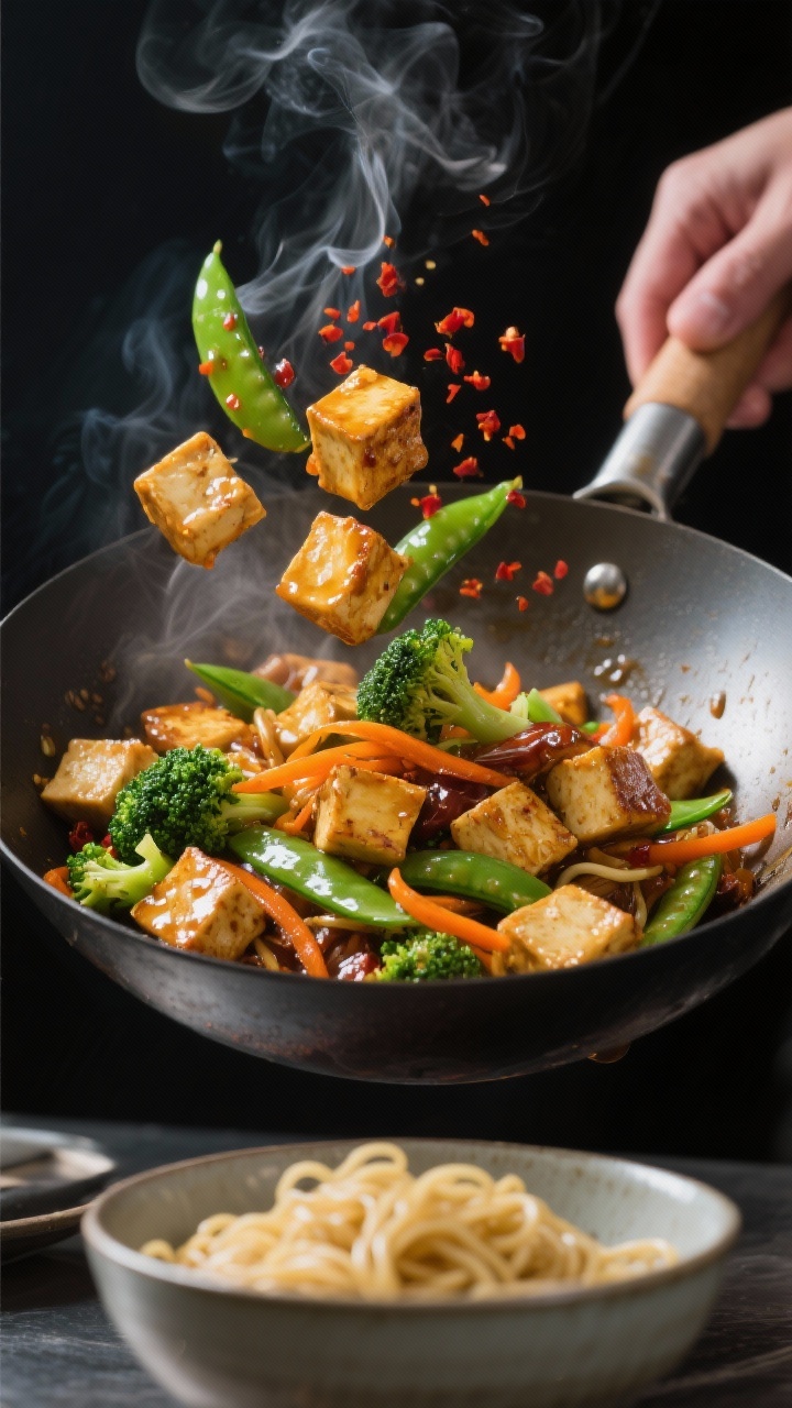 Cooking process: Ginger-Soy Tofu Stir-Fry being tossed in a wok—golden seared tofu cubes with cris