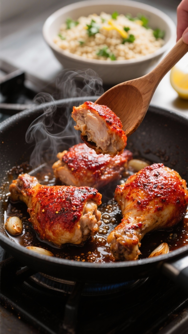 Cooking process: Harissa chicken thighs sizzling in a skillet, seared to a deep crimson-red crust fr