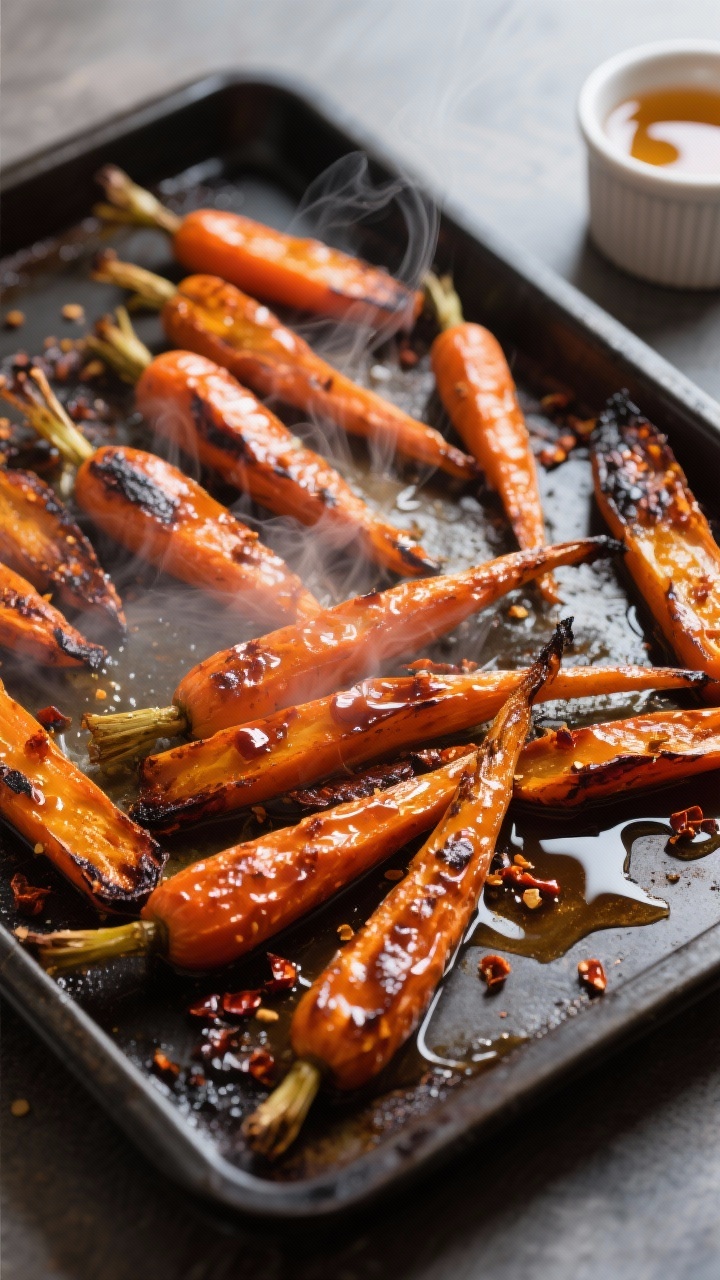 Cooking process: Honey-chili glazed carrots just out of the oven on a dark sheet pan, charred edges 