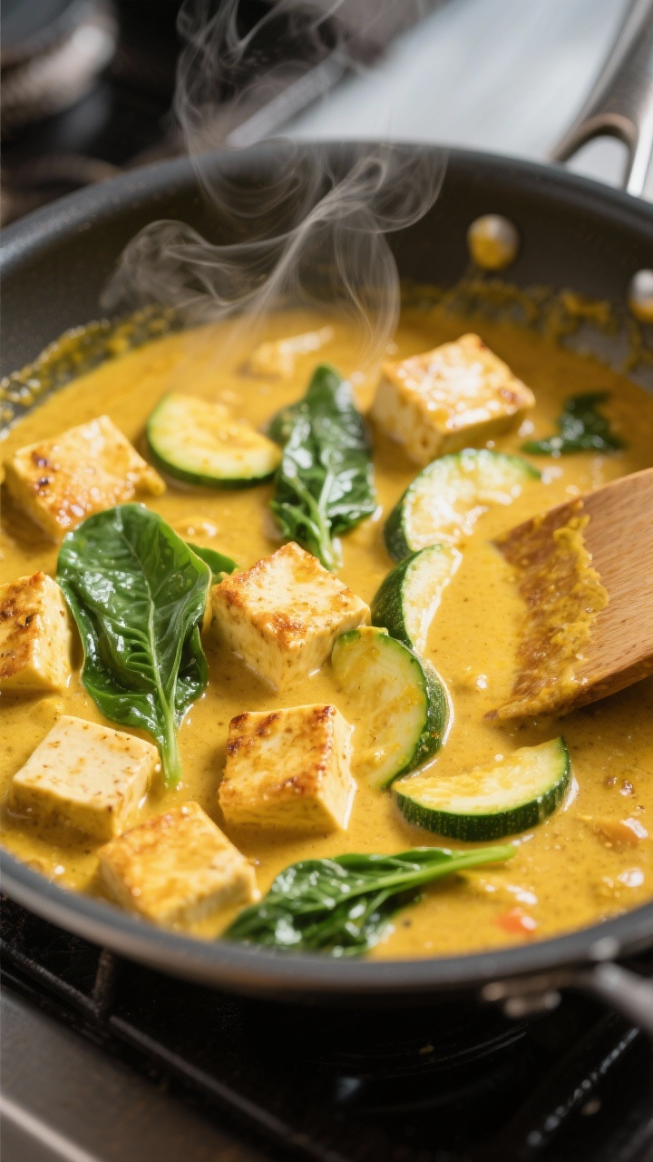 Easy Dinner Recipes That Taste Like You Tried (But Took 20 Minutes, Tops) Cooking process moment: Creamy Coconut Tofu Curry simmering in a stainless skillet—golden pan-sear