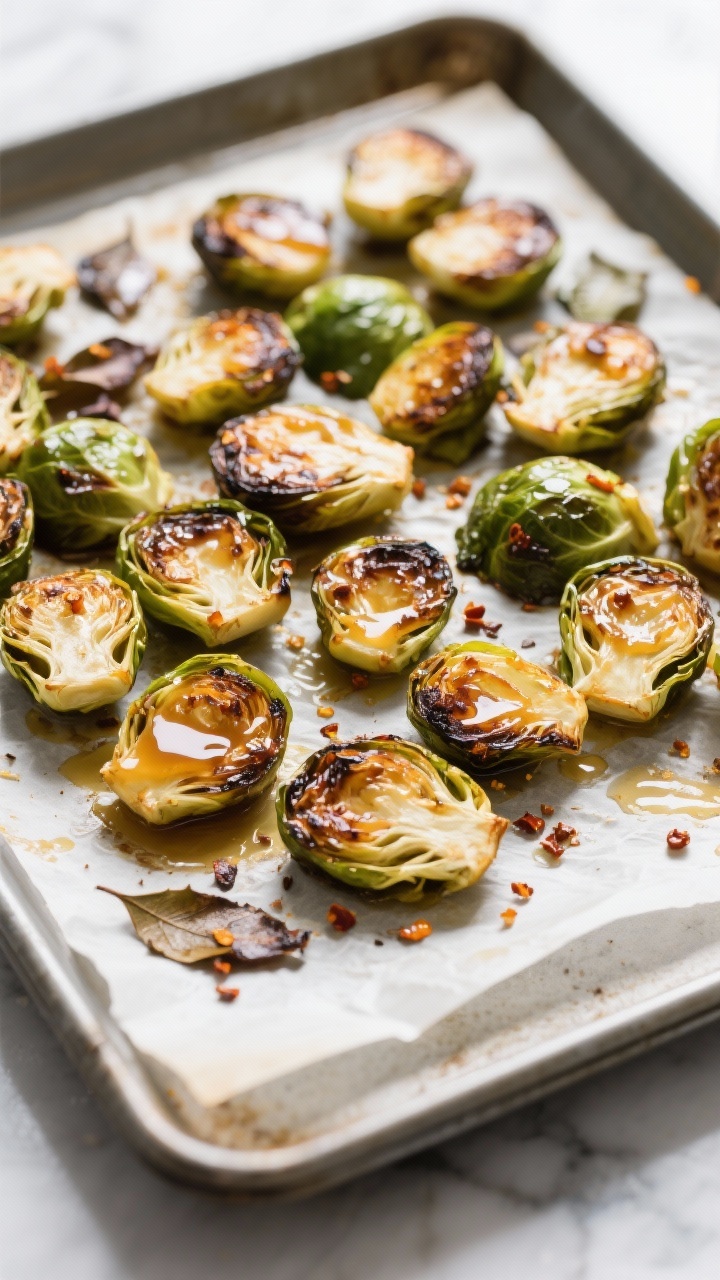 Easy Thanksgiving Recipes That Wow in Under an Hour (Yes, Your Family Will Ask for Seconds) Cooking process: Overhead shot of Maple-Dijon Brussels sprouts roasting on a parchment-lined sheet p