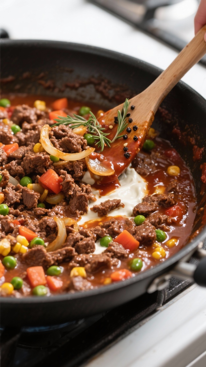Cooking process: Saucy beef filling simmering in a large skillet—crumbled browned beef with carame