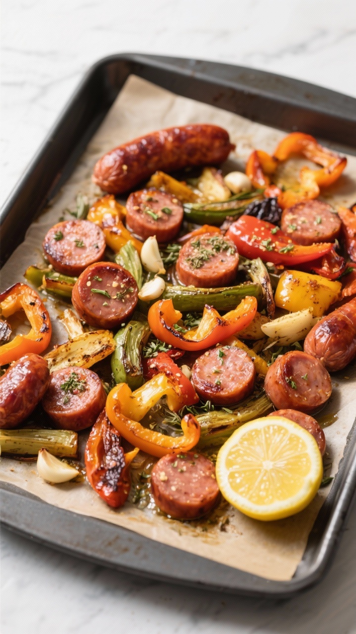 Cooking process: Sheet-pan smoked sausage and roasted mixed veggies at peak caramelization, 425°F o
