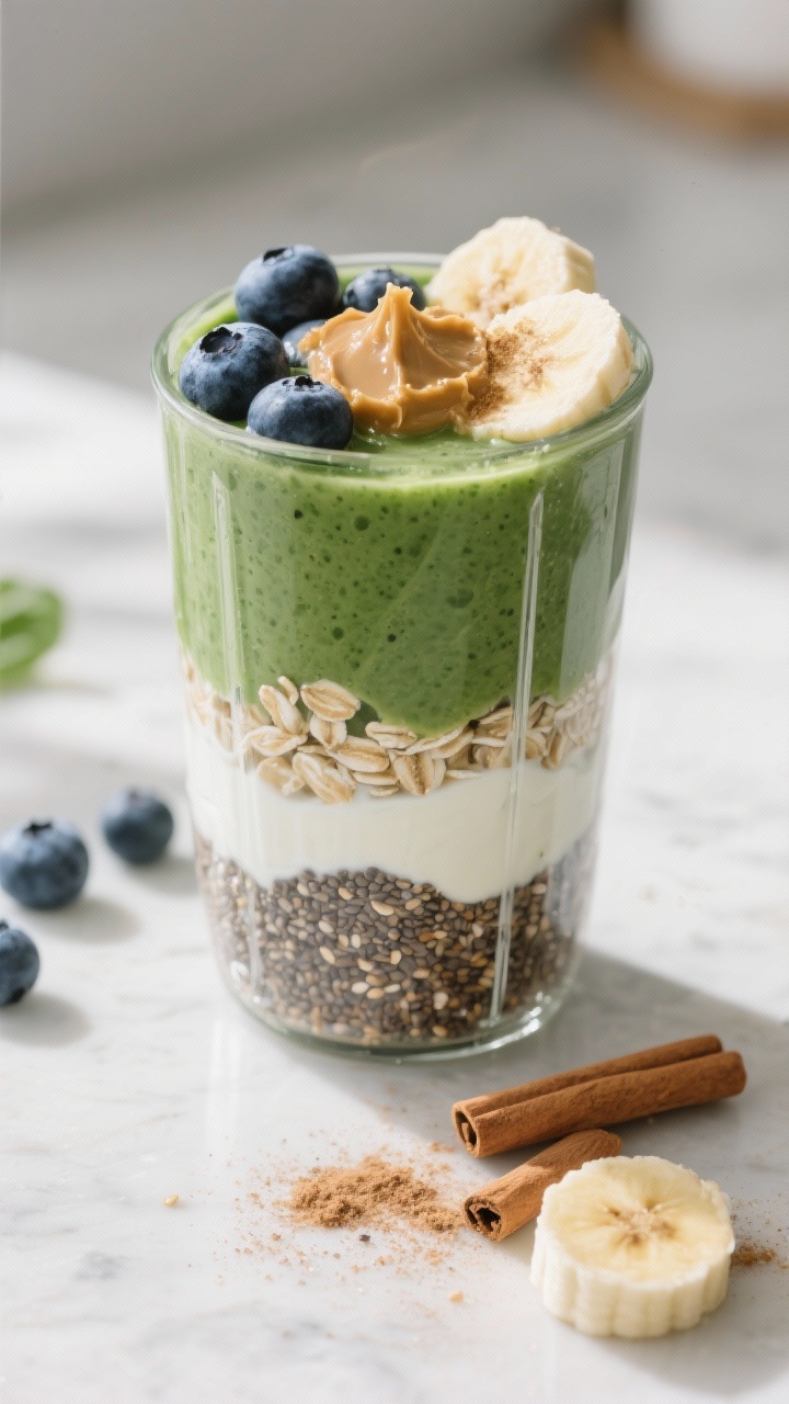 Cooking process: The smoothie at the “greens first, then fiber” stage in a blender jar after a 1