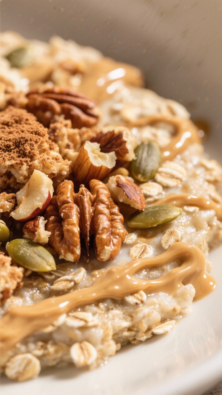 10 Minute High Fiber Breakfast Bowl That Keeps You Full All Morning: The Zero-Excuses Power Meal You’ll Actually Crave Final dish detail: Ultra close-up of the Apple Pie Crunch variation—luxe, custardy oatmeal base wi