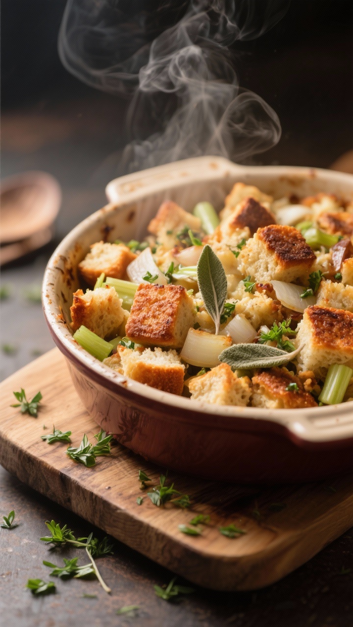 Easy Thanksgiving Recipes That Wow in Under an Hour (Yes, Your Family Will Ask for Seconds) Final dish focus: Rustic baking dish of Shortcut Herby Stuffing fresh from the oven, tight shot emph