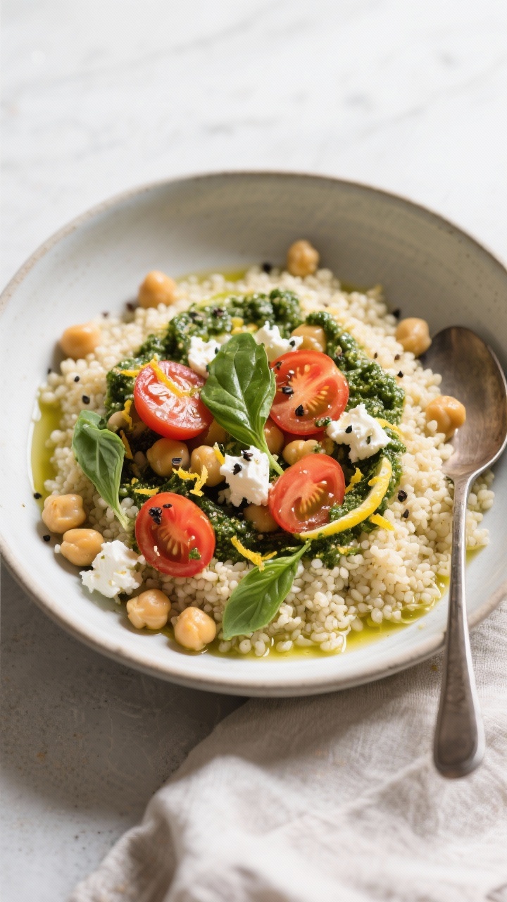 Final dish presentation: 10-Minute Chickpea Pesto Couscous plated in a wide shallow bowl—fluffy co