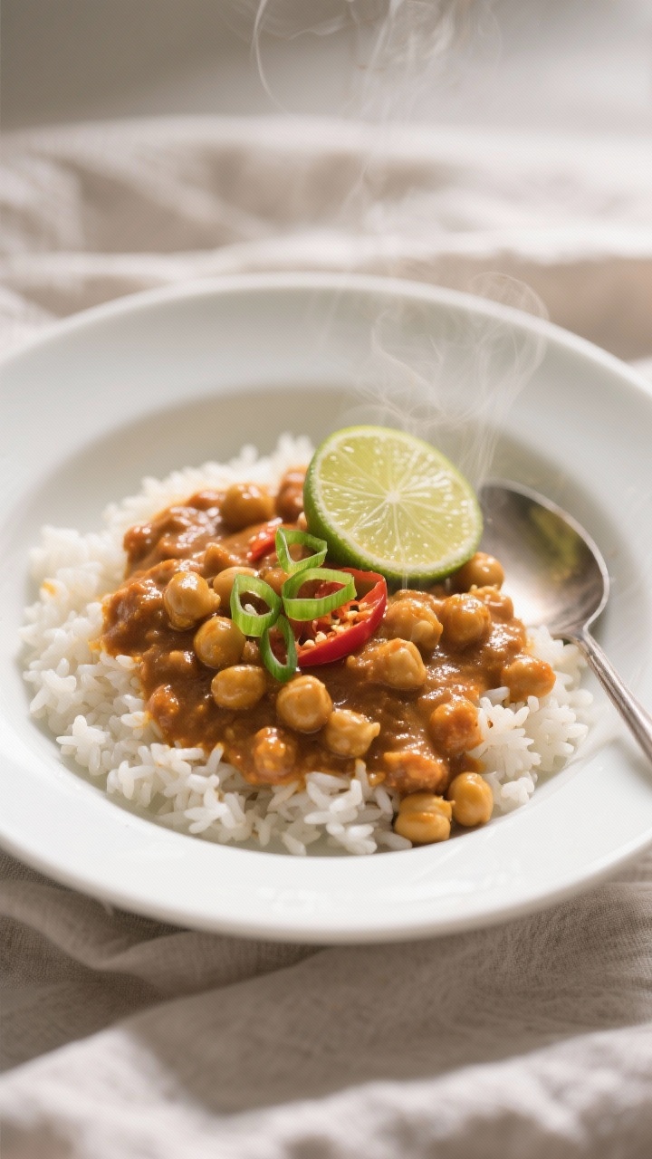 Final dish presentation: 5-Ingredient curry chickpeas over fluffy microwave rice, restaurant-quality