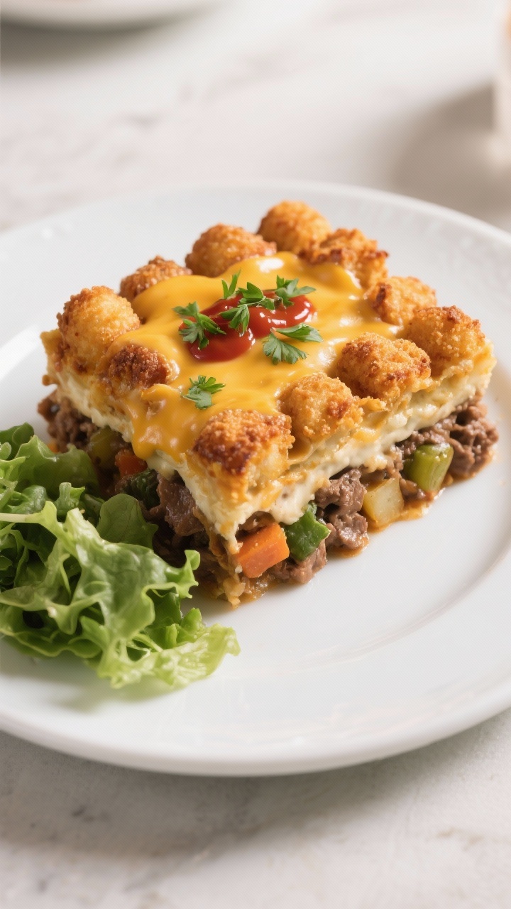 Final dish presentation: A generous square of Cheesy Beef Tater Tot Casserole plated on a white cera