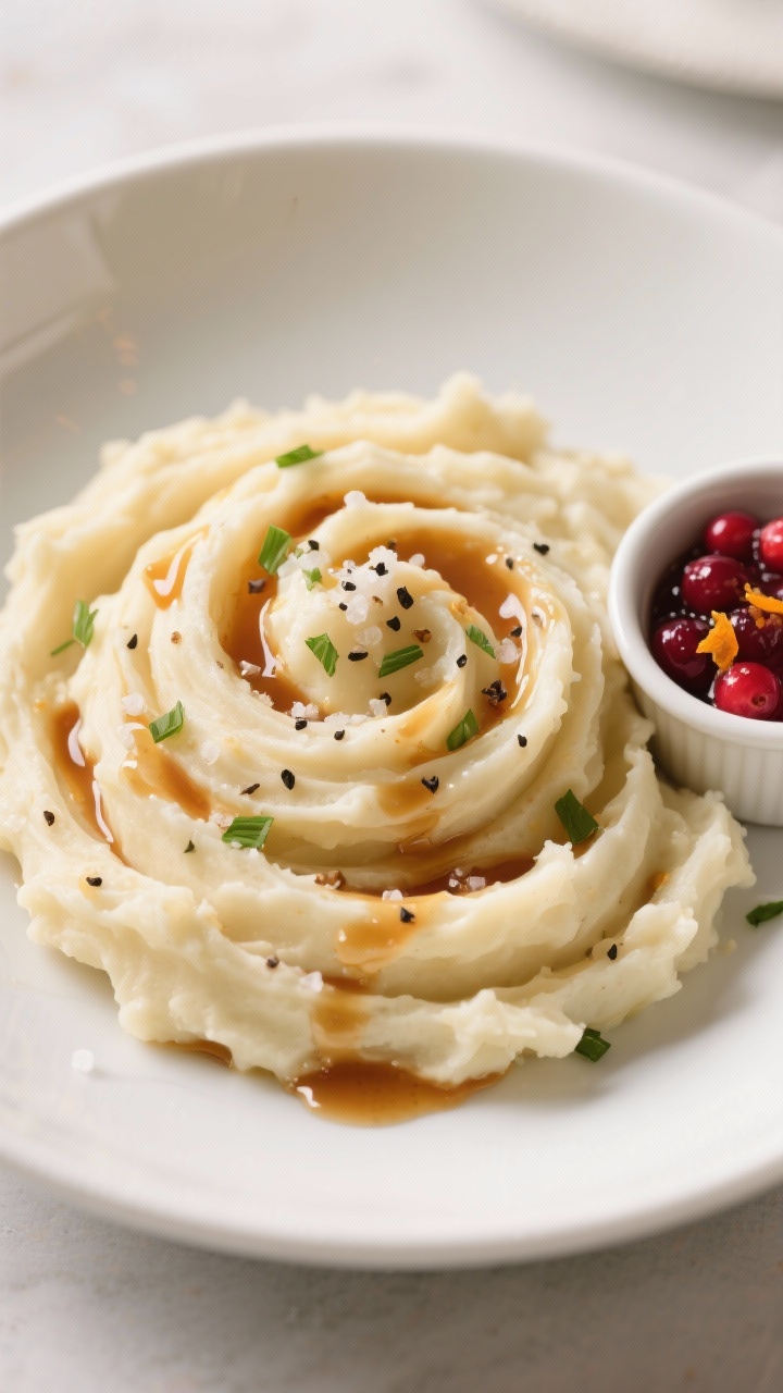 Final dish presentation: Brown butter mashed potatoes swirled high in a shallow white bowl, silky an