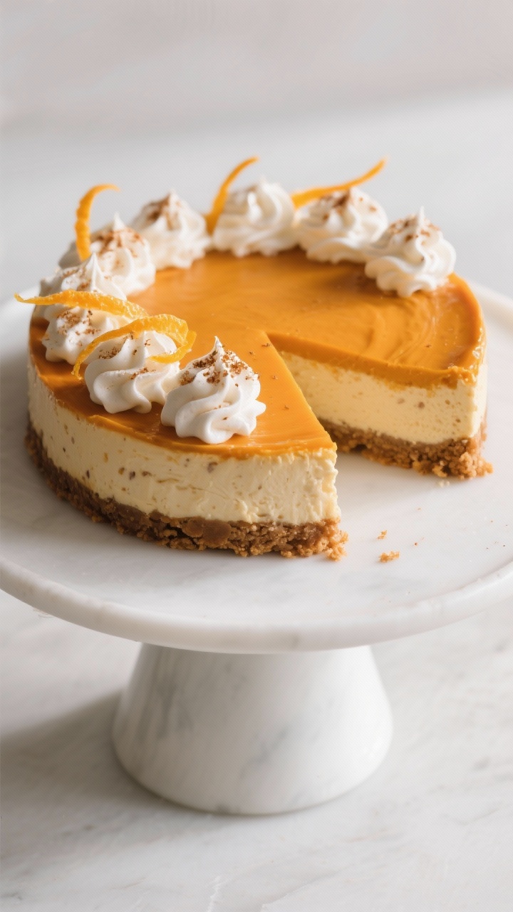 Final dish presentation: Brown Butter Pumpkin Cheesecake on a white cake stand, silky orange-hued fi