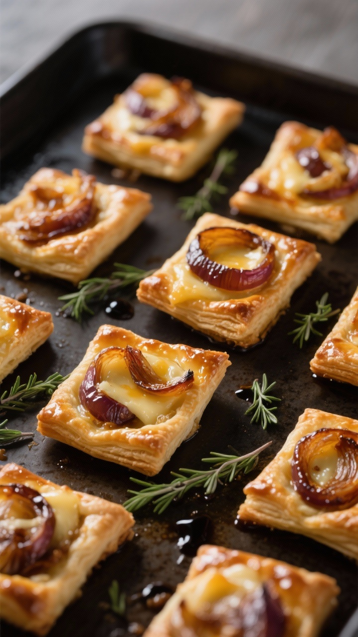 Final dish presentation: Caramelized onion and Gruyère tart bites—small puff pastry squares with 