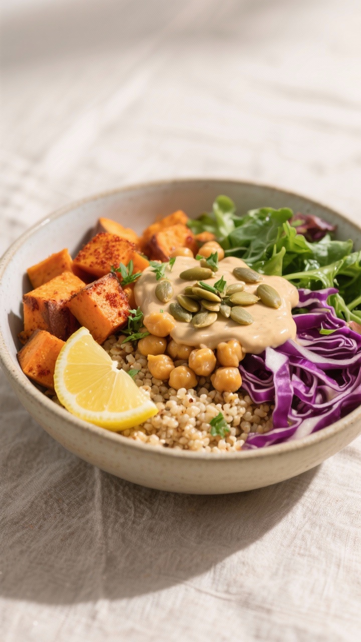 Final dish presentation: Sweet potato and chickpea power bowl beautifully plated with layers—quino