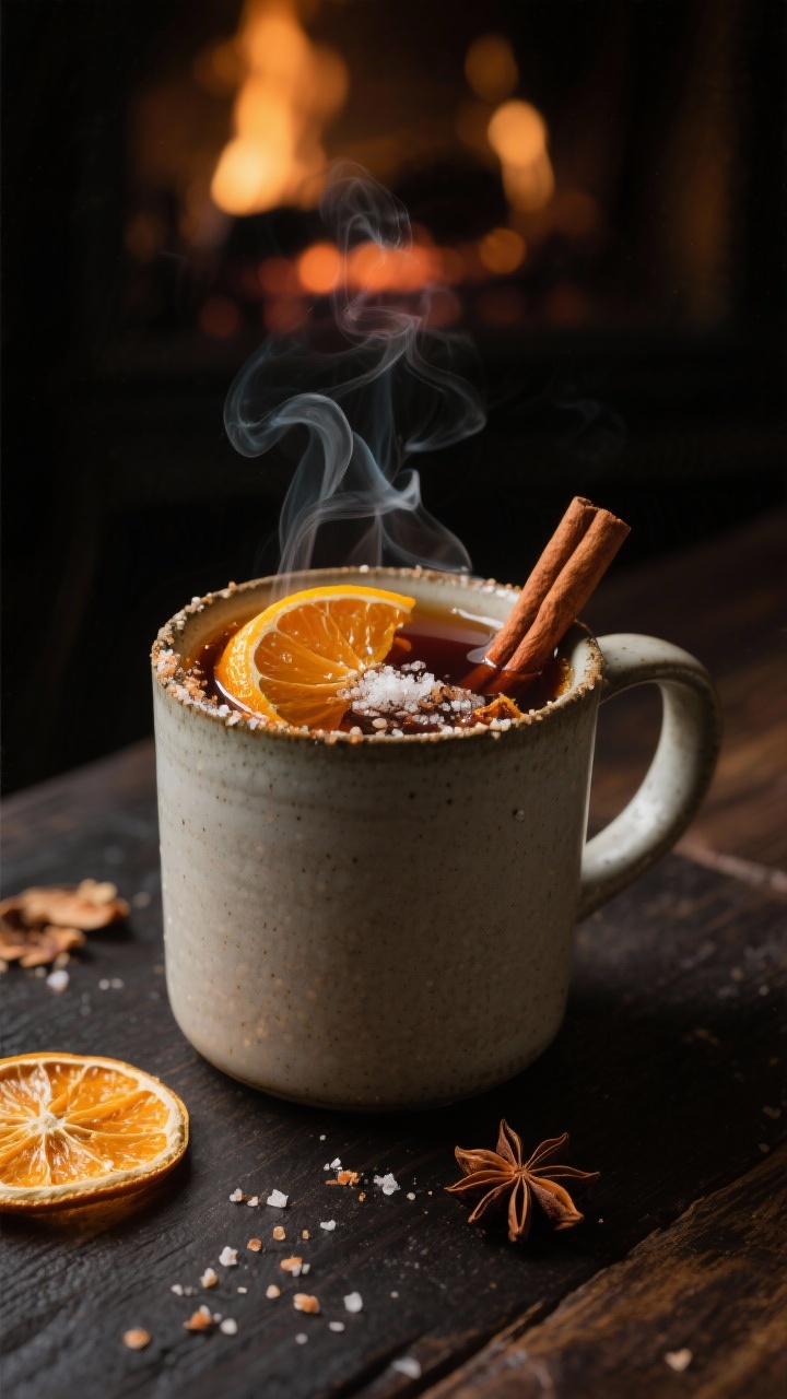 Final mug presentation: Smoky Bourbon Cider Mug in a matte stoneware mug, topped with hot mulled cid