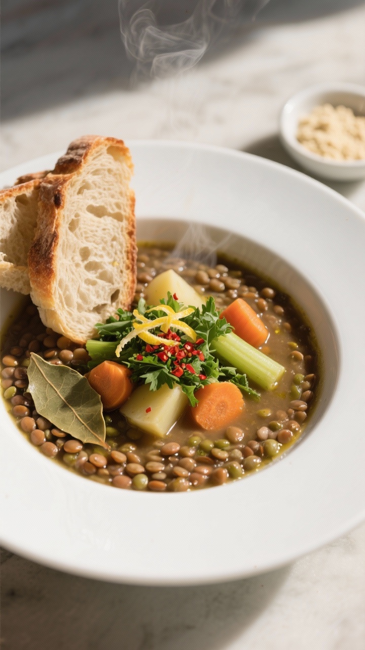 Final plated dish, composed bowl: Restaurant-quality presentation of the lentil soup ladled into a w