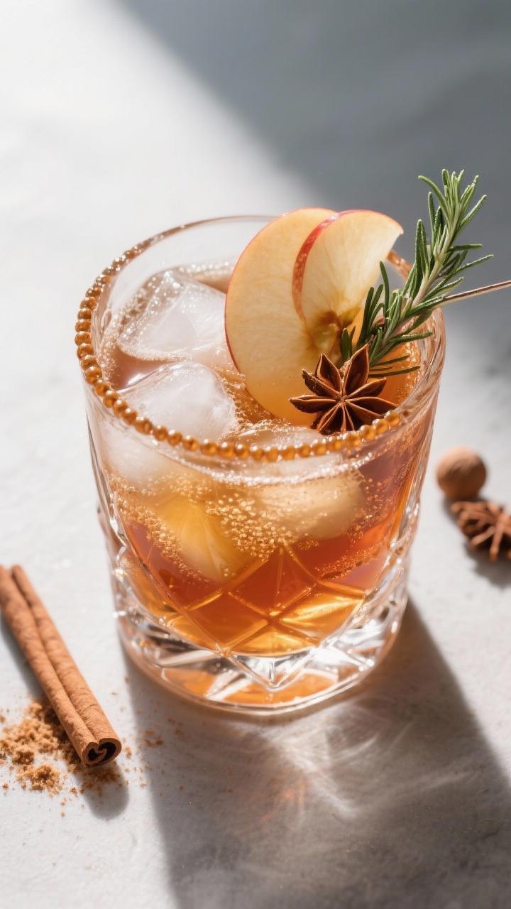 Overhead chilled cocktail: Top-down shot of the Chilled Fireside Spritz in a heavy rocks glass over 