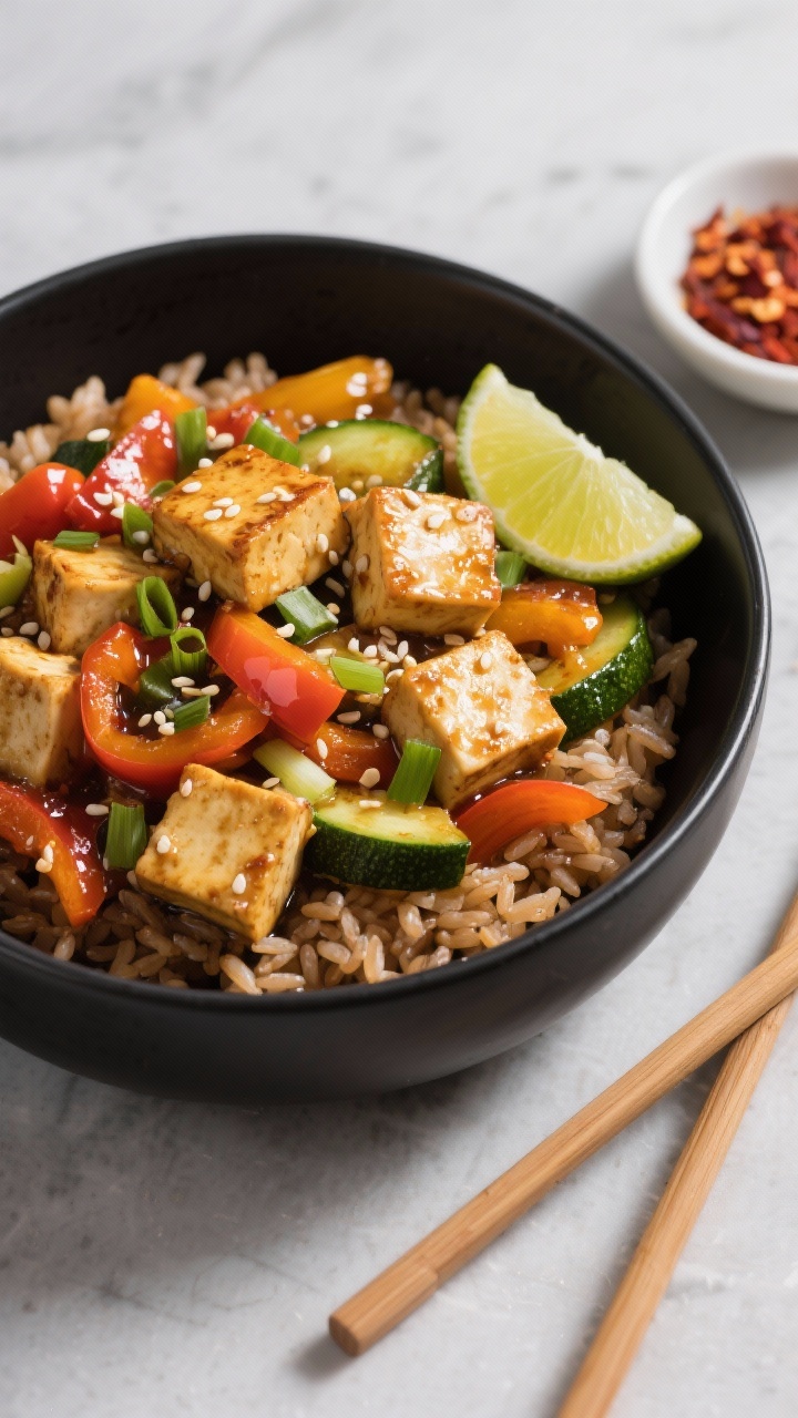 Tasty top view: Ginger-garlic tofu stir-fry served over brown rice in a wide matte-black bowl, overh