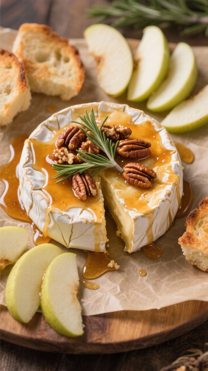 Tasty top view: Hot honey baked brie with apples—overhead shot of a scored wheel of brie oozing at
