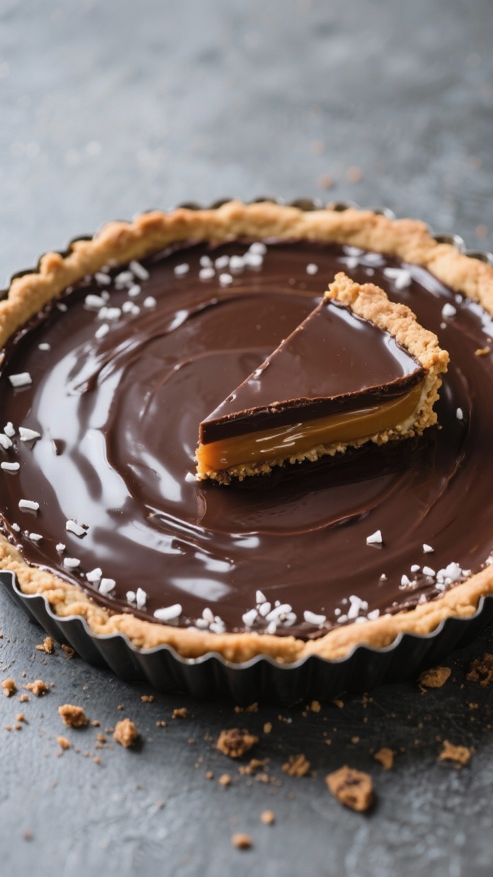 Tasty top view: No-Bake Chocolate Salted Caramel Tart in a fluted tart pan, pristine glossy dark cho