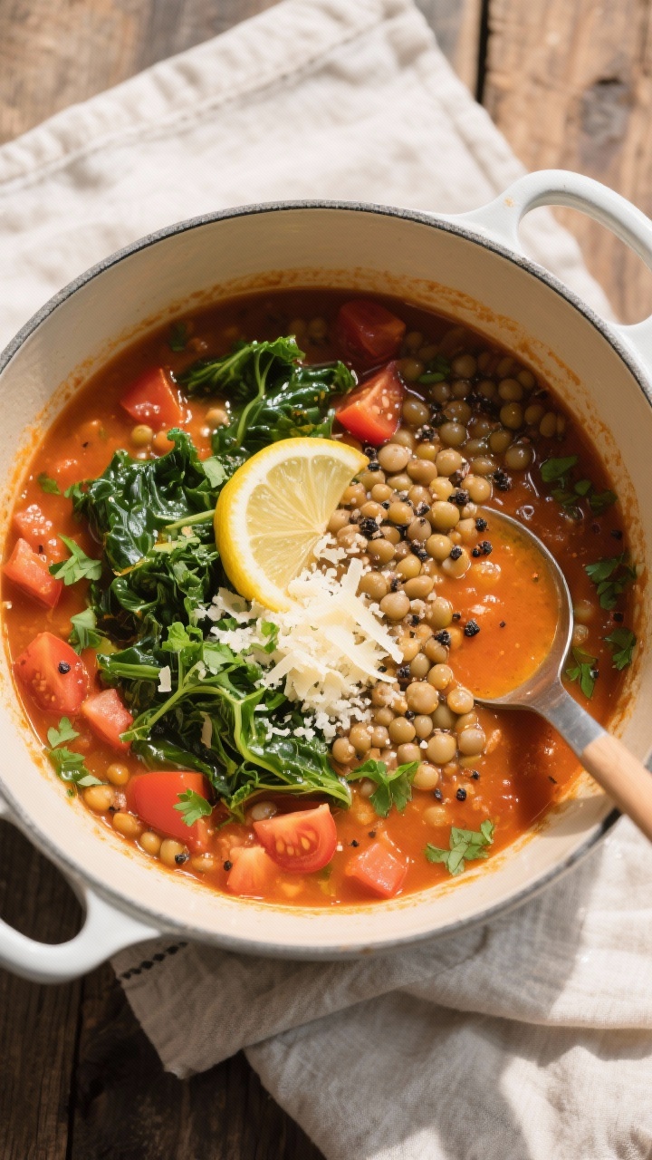 Tasty top view, overhead: Final one-pot lentil soup just finished with lemon juice, shown in the pot