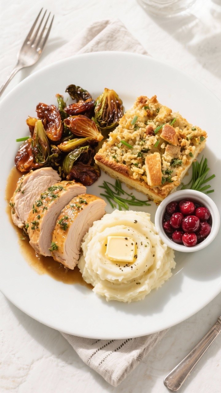 Easy Thanksgiving Recipes That Wow in Under an Hour (Yes, Your Family Will Ask for Seconds) Tasty top view: Overhead plate-up of the full Thanksgiving spread—sliced turkey cutlets with herb