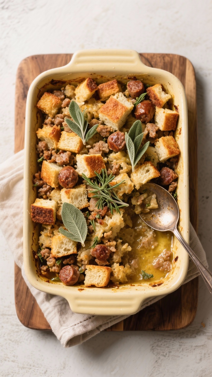 Tasty top view: Overhead shot of sourdough sausage stuffing in a buttered baking dish, deeply golden