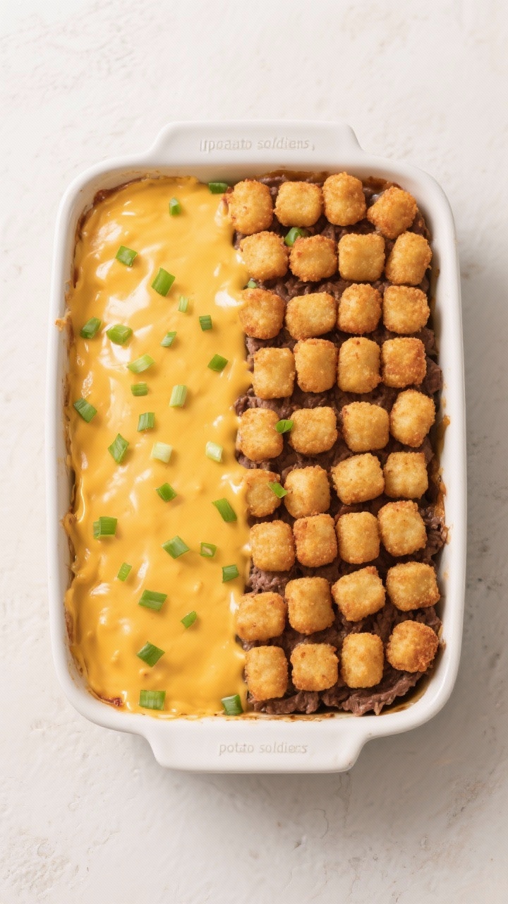 Tasty top view: Overhead shot of the assembled casserole in a 9x13 baking dish—beef layer hidden b