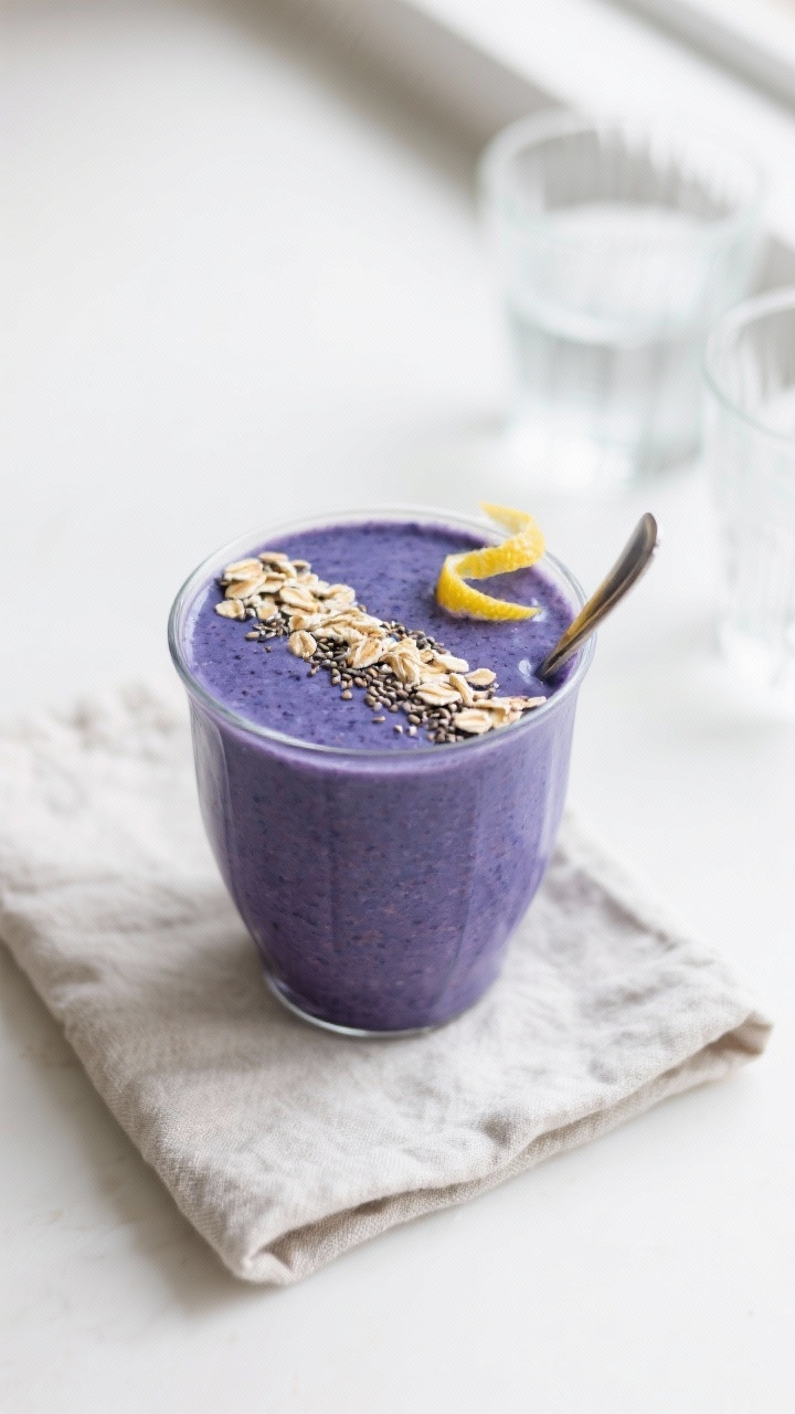 Tasty top view: Overhead shot of the finished high-fiber smoothie in a wide tumbler, deep blueberry-