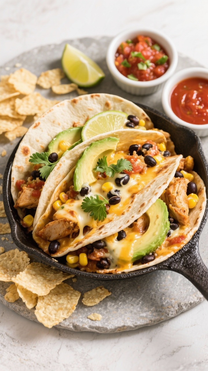 Tasty top view: Salsa chicken skillet stuffed tortillas, overhead shot of warm tortillas loaded with